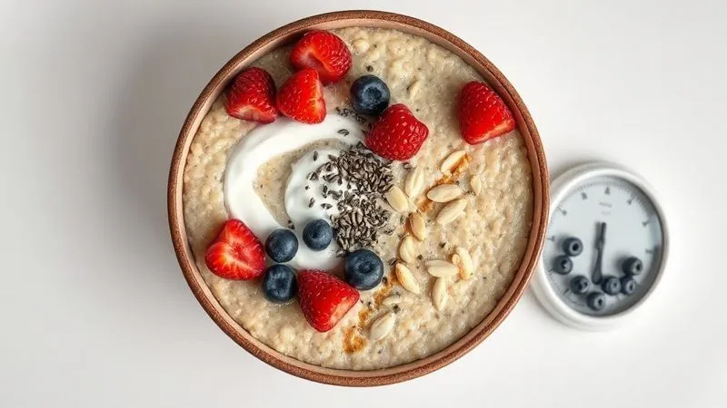 Photorealistic overhead shot of a perfectly portioned and balanced bowl of millet porridge. It features a controlled amount of fresh berries, a swirl of Greek yogurt, a sprinkle of chia seeds, and a few slivers of almonds. The background is clean and minimalist, with a small kitchen scale visible next to the bowl, symbolizing mindful portion control. Professional photography, 8K, cinematic lighting, sharp focus, depth of field, shot on a high-end DSLR.