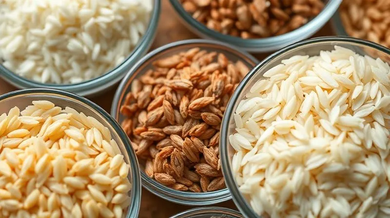 Photorealistic close-up of different types of rice grains (white, brown, wild) in separate small glass bowls, sharply focused, with cinematic lighting highlighting their textures. 8K, professional photography.