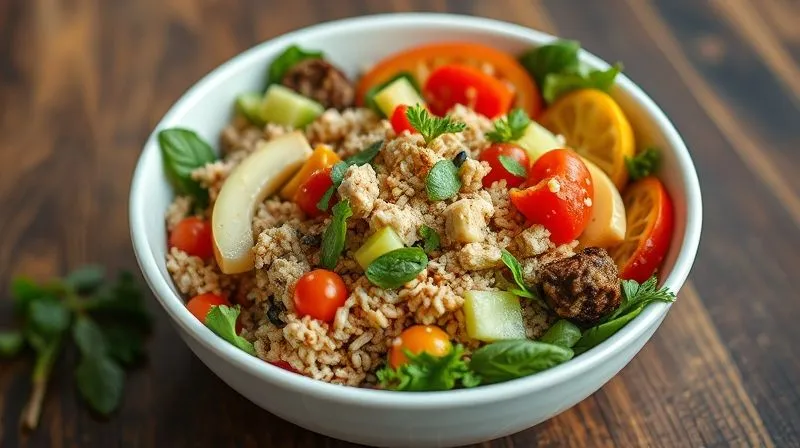 Photorealistic image of a vibrant, colorful salad bowl with cooked brown rice, various fresh vegetables, and lean protein, emphasizing texture and freshness. Cinematic lighting, professional food food photography, 8K.