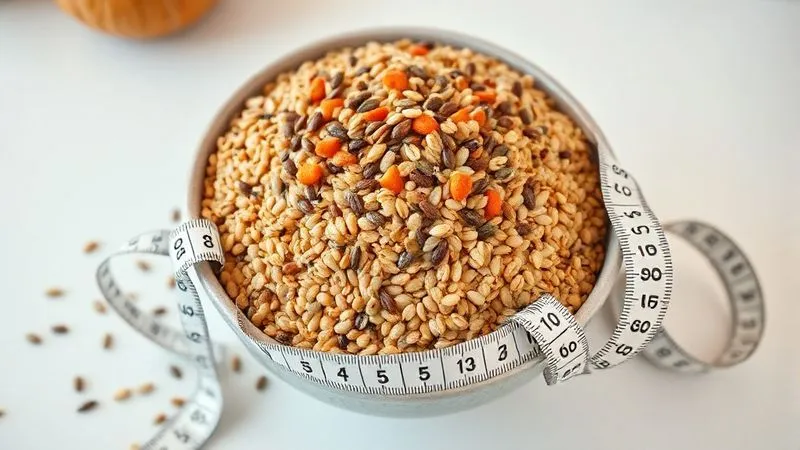 A photorealistic, top-down shot of a large bowl of buckwheat groats generously topped with an excessive amount of mixed seeds (pumpkin, sunflower, chia), with a measuring tape loosely draped around the bowl, highlighting the potential for over-consumption. The background is a clean, bright kitchen counter. professional photography, 8K, cinematic lighting, sharp focus, depth of field, shot on a high-end DSLR.