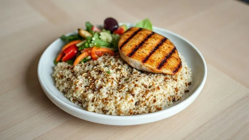 A photorealistic image of a perfectly balanced meal: a portion of quinoa with a measured sprinkle of pumpkin seeds, alongside a grilled chicken breast and a large, colorful salad. The plate is on a light wooden table, well-lit, emphasizing freshness and balance. professional photography, 8K, cinematic lighting, sharp focus, depth of field, shot on a high-end DSLR.