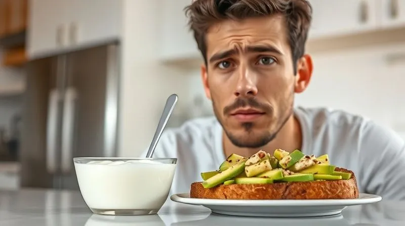 Photorealistic, professional photography, 8K, cinematic lighting, sharp focus, depth of field, shot on a high-end DSLR. A person looking confused and hungry after eating a small portion of fat-free yogurt, while a rich, full-fat avocado toast sits untouched nearby, symbolizing the missed opportunity for satiety. The scene is set in a bright, modern kitchen. The focus is on the person's face and the two food items, with a slight blur in the background to emphasize depth of field.