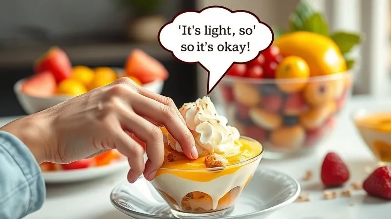 Photorealistic, professional photography, 8K, cinematic lighting, sharp focus, depth of field, shot on a high-end DSLR. A person's hand reaching for a second, large serving of fat-free dessert, with a mental thought bubble above their head saying 'It's light, so it's okay!' The background shows an overflowing fruit bowl and other healthy options, highlighting the poor choice. The lighting is bright and airy, but the composition subtly conveys a sense of misguided indulgence.