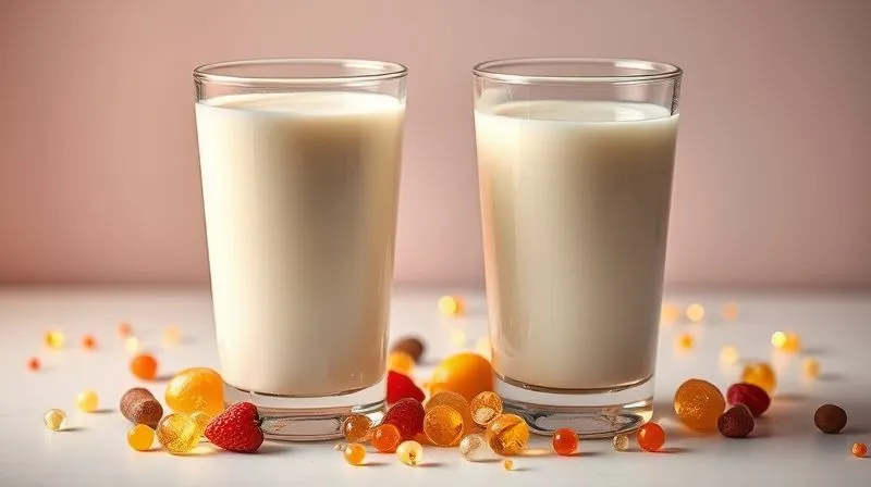 Photorealistic, professional photography, 8K, cinematic lighting, sharp focus, depth of field, shot on a high-end DSLR. A visually striking composition comparing two glasses of kefir: one full-fat, rich and creamy, surrounded by vibrant, fat-soluble vitamins (A, D, E, K) depicted as glowing, almost magical particles. The other glass is fat-free, appearing watery and bland, with the vitamins scattered loosely around it, unable to be absorbed. The lighting highlights the richness of the full-fat option and the emptiness of the fat-free one. The background is a clean, scientific lab setting, emphasizing the nutritional comparison.