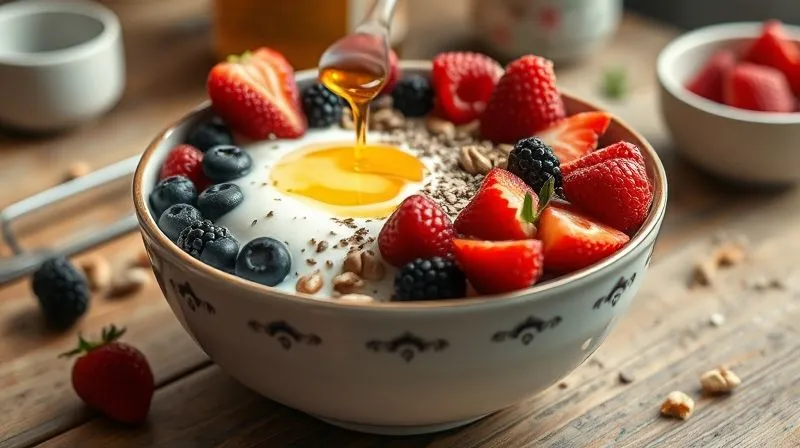 Photorealistic, professional photography, 8K, cinematic lighting, sharp focus, depth of field, shot on a high-end DSLR. A vibrant, artfully arranged breakfast bowl featuring full-fat kefir as the base, topped with fresh berries, chia seeds, a sprinkle of nuts, and a drizzle of honey. The composition emphasizes freshness, health, and satiety, with soft, natural morning light. The focus is on the bowl, with a gentle blur in the background of a rustic kitchen table.