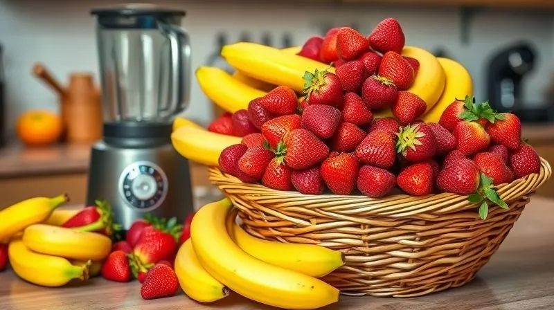 A photorealistic image of a kitchen counter with an overflowing basket of ripe bananas and fresh strawberries next to a blender, suggesting an excessive amount of fruit for a single serving. Professional photography, 8K, cinematic lighting, sharp focus on the abundance of fruit, depth of field, shot on a high-end DSLR, conveying the idea of too much natural sugar.