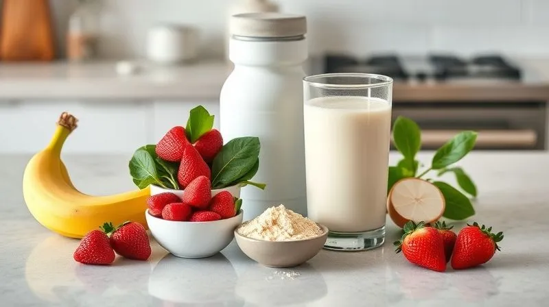 A photorealistic image of a perfectly portioned smoothie ingredients laid out on a clean kitchen counter: half a banana, a small handful of strawberries, a cup of fresh spinach, a scoop of protein powder, and a glass of unsweetened almond milk. All items are neatly arranged, suggesting thoughtful and controlled preparation. Professional photography, 8K, cinematic lighting, sharp focus on the ingredients, depth of field, shot on a high-end DSLR, emphasizing balance and moderation.