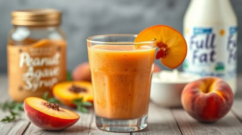 Photorealistic, professional photography of a vibrant peach smoothie in a glass, with various "healthy" but high-calorie ingredients like a jar of peanut butter, a bottle of agave syrup, and full-fat yogurt subtly blurred in the background, implying their hidden impact. The smoothie is in sharp focus, depth of field blurs the background. Cinematic lighting, 8K hyper-detailed, shot on a high-end DSLR.