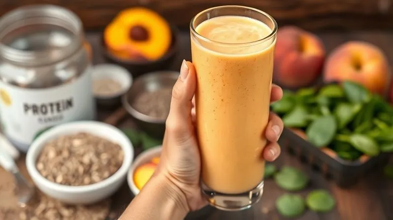 Photorealistic, professional photography of a hand holding a tall glass of peach smoothie, looking satisfied. In the background, ingredients like a scoop of protein powder, a bowl of chia seeds, and a handful of spinach are visible, symbolizing the addition of satiety-boosting elements. Cinematic lighting, sharp focus, depth of field. 8K hyper-detailed, shot on a high-end DSLR.