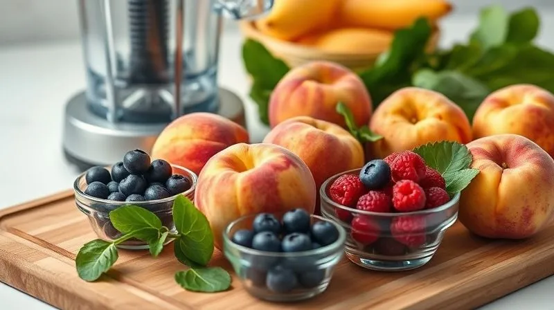 Photorealistic, professional photography of a variety of fresh fruits on a wooden cutting board next to a blender. Some peaches are prominent, but also smaller bowls of blueberries, raspberries, and spinach are visible, emphasizing a balanced choice of ingredients for a low-GI smoothie. Cinematic lighting, sharp focus, depth of field. 8K hyper-detailed, shot on a high-end DSLR.
