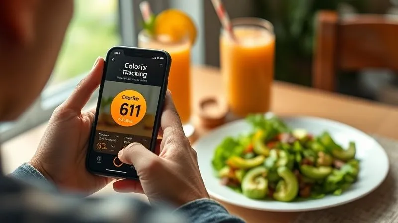 Photorealistic, professional photography of a person looking at a smartphone screen displaying a calorie tracking app, with a healthy peach smoothie and a balanced meal (e.g., salad) on a table in the background. The scene should convey mindfulness and control over diet. Cinematic lighting, sharp focus on the phone, depth of field. 8K hyper-detailed, shot on a high-end DSLR.