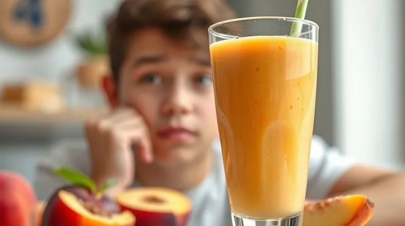 A photorealistic image of a vibrant peach smoothie in a sleek glass, looking light and somewhat transparent, with a blurred background of a person looking puzzled and slightly hungry. The lighting is bright and airy, emphasizing the liquid nature of the drink. Shot on a high-end DSLR, 8K, sharp focus on the smoothie, depth of field. Professional photography, cinematic lighting.