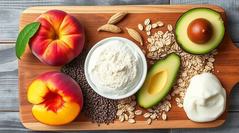 Photorealistic, professional photography, 8K, cinematic lighting, sharp focus, depth of field, shot on a high-end DSLR. A beautifully arranged flat lay of key ingredients for a healthy, filling smoothie: fresh peaches, a scoop of vanilla protein powder, a handful of chia seeds, rolled oats, a small avocado half, and a dollop of Greek yogurt. All ingredients are artfully presented on a rustic wooden board with soft, natural light, emphasizing freshness and nutritional value.