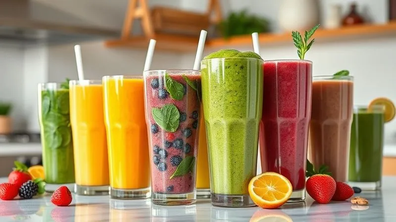 Photorealistic, professional photography, 8K, cinematic lighting, sharp focus, depth of field, shot on a high-end DSLR. A diverse array of colorful, healthy smoothies in various glasses, each with distinct, visible ingredients like berries, spinach, nuts, and seeds. The background is a clean, modern kitchen counter, suggesting variety and health. The lighting is bright and inviting, highlighting the freshness of the drinks.