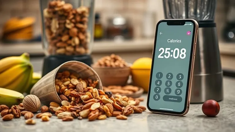 Photorealistic, professional photography of a kitchen counter with various "healthy" smoothie ingredients (nuts, dried fruit, honey, full-fat flavored yogurt) spilling out, a calorie counter app open on a phone next to a blender, showing a surprisingly high calorie count. Cinematic lighting, sharp focus on the ingredients and phone screen, depth of field blurring the background, 8K hyper-detailed, shot on a high-end DSLR.