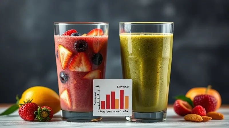 Photorealistic, professional photography of two smoothie glasses side by side. One is vibrant with lots of fruit and looks sweet, the other is greener with visible seeds and looks more protein-rich. A small chart or label beneath each glass showing "High Sugar, Low Protein" vs "Balanced Macros". Cinematic lighting, sharp focus, depth of field, 8K hyper-detailed, shot on a high-end DSLR.