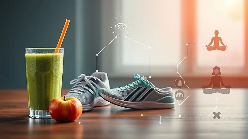 Photorealistic, professional photography of a stylized infographic showing interconnected elements: a healthy smoothie glass, running shoes, a person sleeping peacefully, and a meditation symbol. All elements are subtly linked, emphasizing a holistic approach to wellness. Cinematic lighting, sharp focus, depth of field, 8K hyper-detailed, shot on a high-end DSLR.