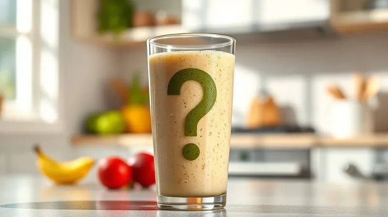 A photorealistic, professional photography shot of a vibrant, healthy-looking oat smoothie in a glass, but with a subtle, almost imperceptible question mark shadow cast over it. The background is a bright, clean kitchen counter, suggesting a morning routine. Cinematic lighting, sharp focus on the smoothie, depth of field blurring the background. 8K hyper-detailed, conveying a sense of underlying uncertainty despite the appealing appearance.