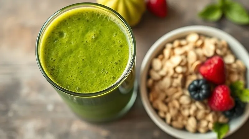 A photorealistic, top-down view of a clear glass filled with a vibrant green smoothie, next to a small bowl of solid oat porridge with berries. The image emphasizes the visual difference in volume and texture between liquid and solid food of potentially similar caloric value. Professional photography, natural daylight, sharp focus on both dishes, subtle depth of field. 8K hyper-detailed.