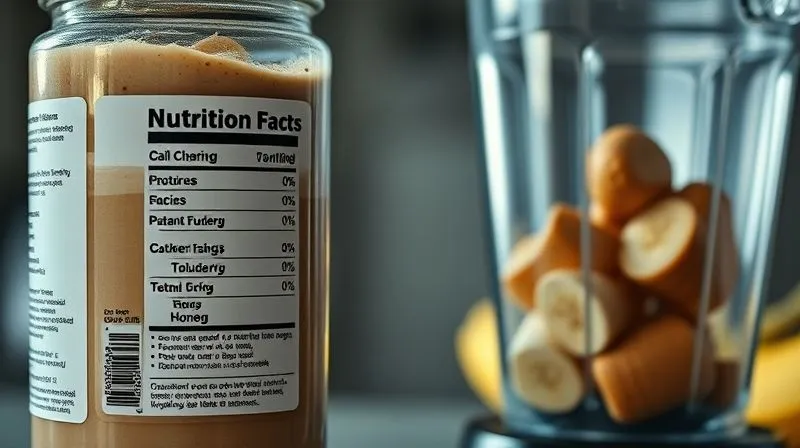 photorealistic, professional photography, 8K, cinematic lighting, sharp focus, depth of field, shot on a high-end DSLR, showing a nutrition label of a protein shake with exaggerated calorie count highlighted, next to a blender full of various high-calorie ingredients like peanut butter, banana, and honey. The overall mood is revealing and slightly alarming.