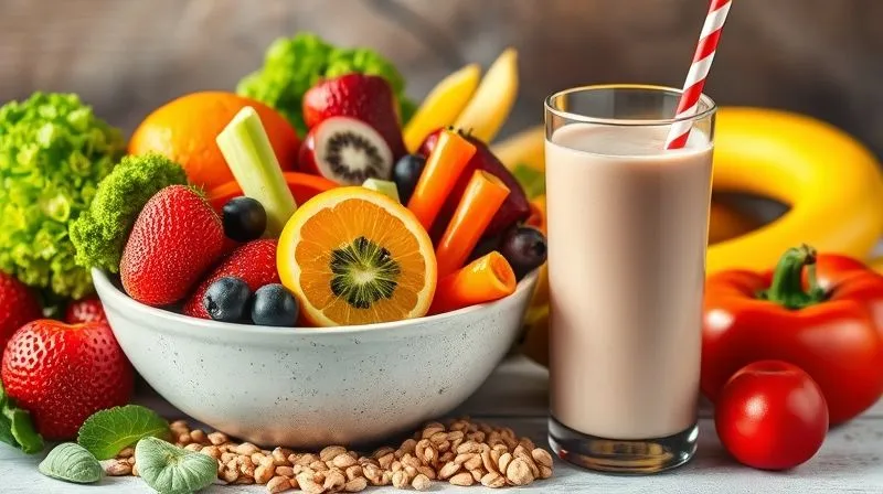 photorealistic, professional photography, 8K, cinematic lighting, sharp focus, depth of field, shot on a high-end DSLR, showing a vibrant, colorful bowl of fresh fruits, vegetables, and whole grains, juxtaposed with a plain protein shake. The contrast emphasizes the lack of fiber and micronutrients in the shake, highlighting the richness of whole foods.