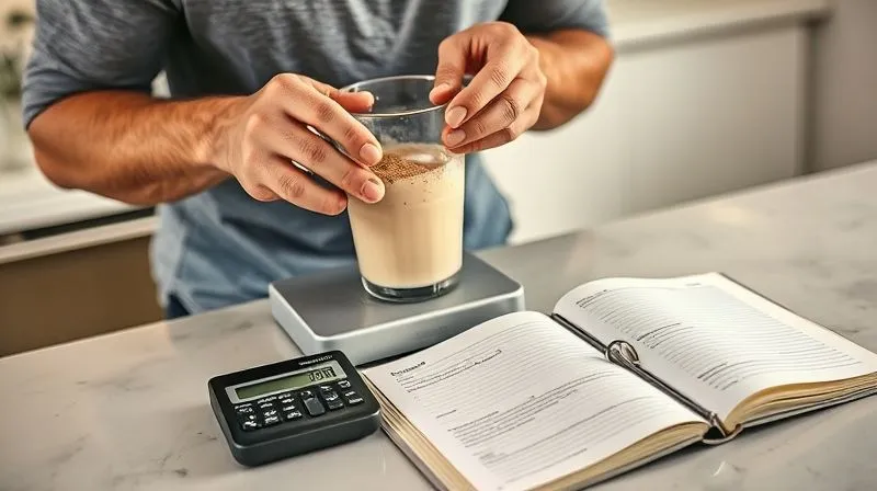 Photorealistic, professional photography, 8K, cinematic lighting, sharp focus, depth of field, shot on a high-end DSLR. A person meticulously weighing ingredients for a protein shake on a kitchen scale, with a calculator and a nutrition log open beside them. The scene emphasizes precision and conscious calorie counting. The background is a clean, modern kitchen.