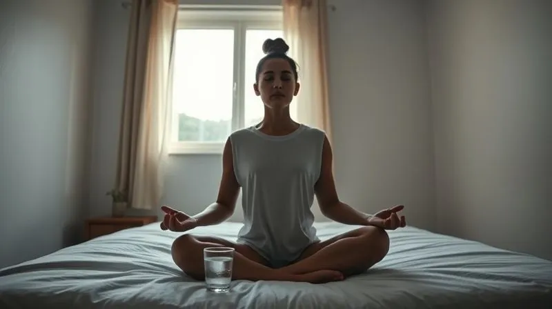 Photorealistic, professional photography, 8K, cinematic lighting, sharp focus, depth of field, shot on a high-end DSLR. A serene image of a person meditating peacefully in a dimly lit, minimalist bedroom, with soft light streaming through a window. Beside them, a glass of water and a fitness tracker are visible, symbolizing holistic well-being. This image should convey calm and balance.