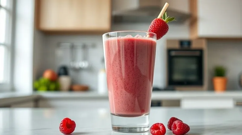 A photorealistic image showing a beautifully prepared raspberry smoothie in a large, inviting glass, but with a subtle overlay or reflection of a calorie counter or a weighing scale, suggesting hidden caloric content. The background is a clean, modern kitchen. Cinematic lighting, sharp focus on the smoothie, depth of field blurring the background, 8K hyper-detailed.