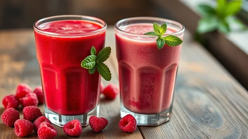 A photorealistic, professional photography, 8K, cinematic lighting, sharp focus, depth of field, shot on a high-end DSLR image of two distinct, vibrant raspberry smoothies on a rustic wooden table. One is a deep red, rich in raspberries, while the other is a lighter, greenish-pink, subtly hinting at added greens. Both are presented beautifully, emphasizing their health and appeal. Natural light, a sprig of mint on one glass, a few loose raspberries on the table. No text or logos.