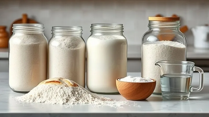 A professional photography image of various types of spelt flour (light, whole grain) in glass jars, alongside fresh yeast, active sourdough starter in a bowl, and a measuring cup with water, all arranged on a clean kitchen counter. The lighting is bright and natural, sharp focus on the ingredients, depth of field blurring the background, 8K hyper-detailed, shot on a high-end DSLR.