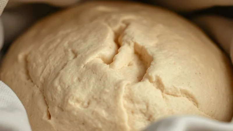 A photorealistic close-up of spelt bread dough rising in a warm, slightly humid environment, perhaps under a damp cloth or in a proofing box. The dough shows visible signs of fermentation with small bubbles, soft texture, and a gentle expansion. Cinematic lighting, sharp focus on the dough, 8K hyper-detailed, shot on a high-end DSLR.