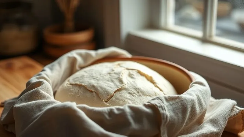 A photorealistic image showing a bowl of spelt dough covered with a damp linen cloth, placed in a slightly warm, cozy spot in a kitchen, perhaps near a window with soft light. The focus is on the rising dough, indicating proper fermentation conditions. Cinematic lighting, sharp focus, 8K hyper-detailed, shot on a high-end DSLR, conveying a sense of gentle care and natural process.