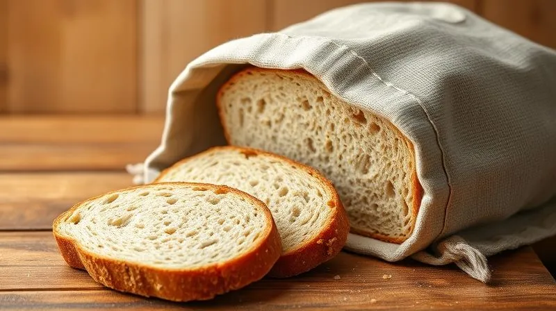 A photorealistic image of a perfectly baked spelt bread loaf, sliced, and stored in a clean, rustic linen bread bag on a wooden kitchen counter. A few slices are visible, showing a soft, airy crumb. The setting is warm and inviting, cinematic lighting, sharp focus on the bread, 8K hyper-detailed, shot on a high-end DSLR.