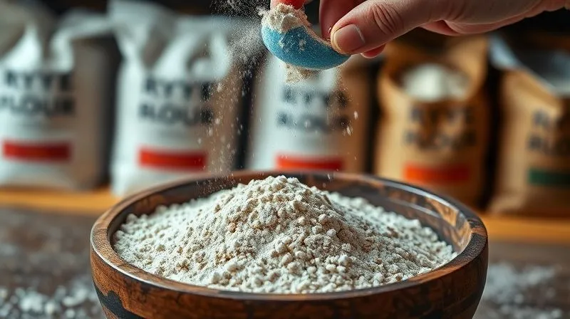 Photorealistic, professional photography, 8K, cinematic lighting, sharp focus, depth of field, shot on a high-end DSLR. A close-up of a rustic wooden bowl filled with dark rye flour, with a handful of flour delicately falling from a chef's hand. Grains of flour are visible, emphasizing texture. In the background, blurred bags of different types of rye flour are stacked on a shelf in a warm, natural light setting, conveying quality and artisanal craft.