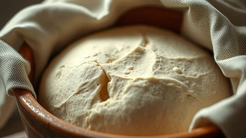 Photorealistic, professional photography, 8K, cinematic lighting, sharp focus, depth of field, shot on a high-end DSLR. A close-up of rye bread dough gently rising in a rustic ceramic bowl, covered with a linen cloth. Small air bubbles are visible on the surface, indicating active fermentation. Soft, warm kitchen light illuminates the scene, creating a sense of natural process and patience. The background is blurred, focusing on the texture and subtle movement of the dough.