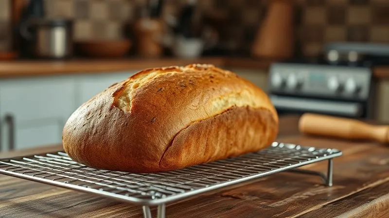 Photorealistic, professional photography, 8K, cinematic lighting, sharp focus, depth of field, shot on a high-end DSLR. A freshly baked, golden-brown rye bread loaf resting on a wire cooling rack on a rustic wooden table. Steam is subtly rising from the warm bread, with a gentle, inviting light. In the background, a cozy kitchen setting is blurred, emphasizing the natural, wholesome process of baking and the anticipation of a perfect slice.