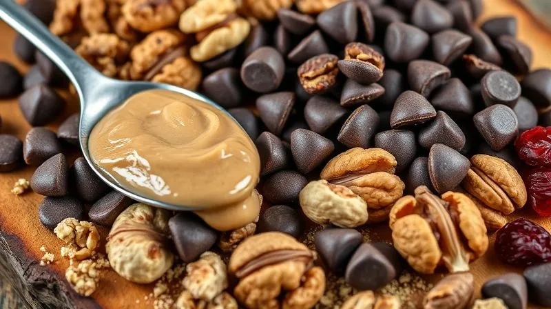 photorealistic, professional photography, 8K, cinematic lighting, sharp focus, depth of field, shot on a high-end DSLR. A close-up shot of various high-calorie ingredients for granola bars, such as a spoonful of creamy peanut butter, a pile of rich dark chocolate chips, whole walnuts, and glistening dried cranberries, artfully arranged on a rustic wooden board, emphasizing their delicious but calorie-dense nature.