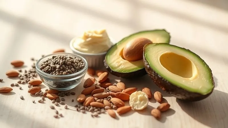 photorealistic, professional photography, 8K, cinematic lighting, sharp focus, depth of field, shot on a high-end DSLR. A vibrant, artfully arranged display of healthy fat sources for granola bars: a small bowl of chia seeds, flax seeds, a handful of almonds, a dollop of natural almond butter, and a perfectly ripe avocado, all bathed in soft, natural light on a light wooden surface, conveying freshness and nourishment.