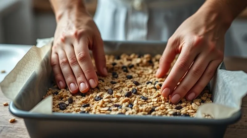photorealistic, professional photography, 8K, cinematic lighting, sharp focus, depth of field, shot on a high-end DSLR. A close-up shot of homemade granola bars being carefully pressed into a baking pan lined with parchment paper, with visible wholesome ingredients like oats, nuts, and dried fruit. Hands are gently pressing the mixture, emphasizing the baking process over relying on excessive binders. Soft, warm kitchen lighting highlights the textures.