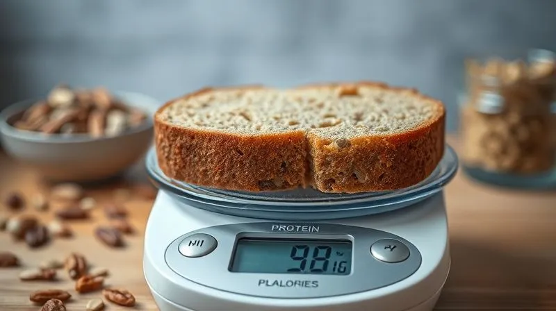 A close-up, photorealistic image of a freshly baked slice of homemade protein bread on a small, digital kitchen scale, with the display clearly showing a high calorie count. The background is slightly blurred, showing other healthy-looking ingredients like nuts and seeds, emphasizing the hidden caloric density. Professional photography, 8K, cinematic lighting, sharp focus, depth of field, shot on a high-end DSLR.