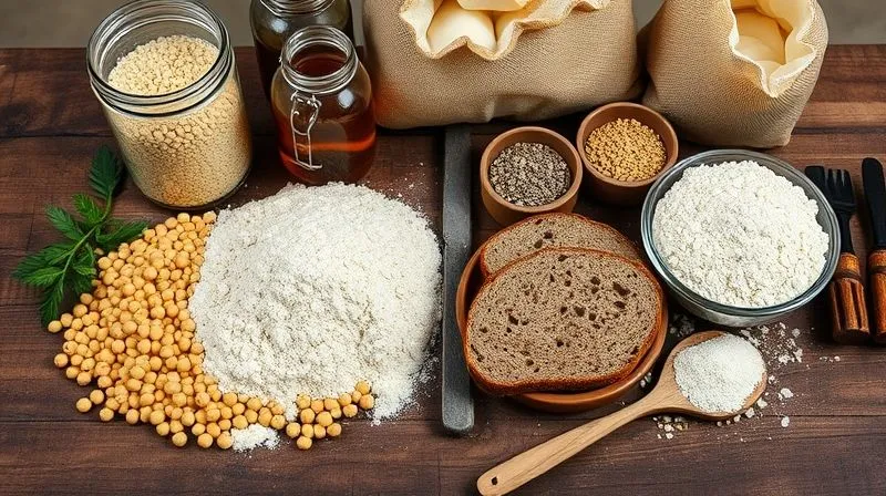 A professional, photorealistic image of various ingredients for protein bread laid out on a rustic wooden table. On one side, healthy options like pea protein powder, chickpea flour, and whole flax seeds are neatly arranged. On the other side, less ideal ingredients like a jar of honey, a bag of white flour, and a bowl of dried fruits are subtly visible but slightly out of focus. Cinematic lighting, sharp focus on the healthy ingredients, depth of field, 8K, shot on a high-end DSLR.