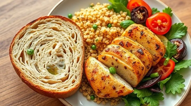 A vibrant, photorealistic flat lay image of a perfectly balanced meal. A slice of homemade protein bread is subtly placed next to a colorful salad with grilled chicken, a small portion of quinoa, and a drizzle of olive oil. The composition emphasizes variety and nutritional balance. Professional photography, 8K, cinematic lighting, sharp focus, depth of field, shot on a high-end DSLR.