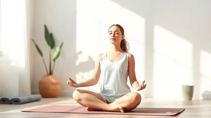 A serene and calming photorealistic image of a person meditating peacefully in a sunlit, minimalist room, with a subtle, out-of-focus background showing elements of a healthy lifestyle like a yoga mat and a plant. The focus is on mental well-being as a component of health. Professional photography, 8K, cinematic lighting, sharp focus, depth of field, shot on a high-end DSLR.