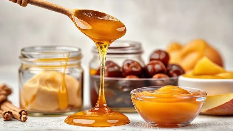 A vibrant, photorealistic studio shot of a selection of natural binding agents: golden honey dripping from a spoon, creamy peanut butter in a jar, a bowl of rich date syrup, and a small bowl of smooth apple puree. Cinematic lighting, sharp focus on the textures, depth of field, 8K hyper-detailed, shot on a high-end DSLR.