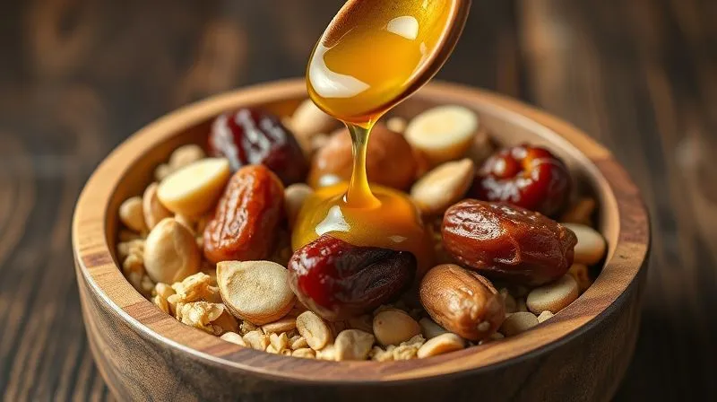 Photorealistic, professional photography, 8K, cinematic lighting, sharp focus, depth of field, shot on a high-end DSLR of a wooden bowl filled with a variety of natural binding ingredients for muesli bars: golden honey dripping from a spoon, creamy peanut butter, rich maple syrup, and soft, pitted dates. The ingredients are artfully arranged, highlighted by warm, inviting light, suggesting natural goodness and deliciousness.