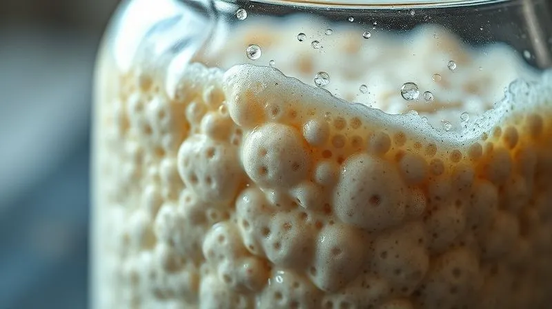 A close-up, professional photography shot of a glass jar filled with active buckwheat sourdough starter, showing numerous small and large bubbles, with a distinct bubbly texture on the surface. Cinematic lighting, sharp focus on the bubbles, depth of field blurring the background. 8K hyper-detailed, shot on a high-end DSLR.