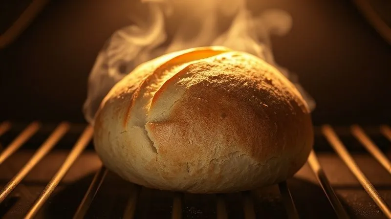 A photorealistic image of a golden-brown, perfectly risen buckwheat bread baking inside a hot oven, with visible steam around it. The oven light casts a warm glow, highlighting the texture of the bread. Sharp focus on the bread, depth of field blurring the oven interior. 8K hyper-detailed, professional photography, shot on a high-end DSLR.