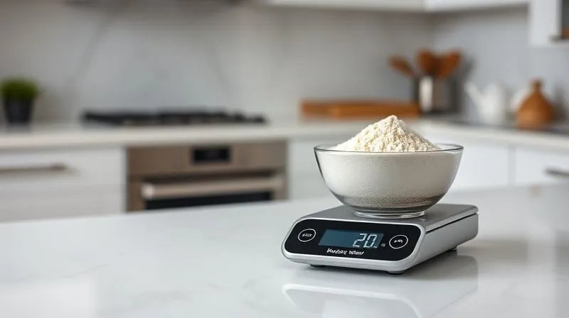 A photorealistic, professional photography shot of a digital kitchen scale with a bowl of buckwheat flour on it, showing a precise measurement. The background is a clean, modern kitchen counter. Cinematic lighting, sharp focus on the scale and flour, depth of field blurring the background. 8K hyper-detailed, shot on a high-end DSLR.