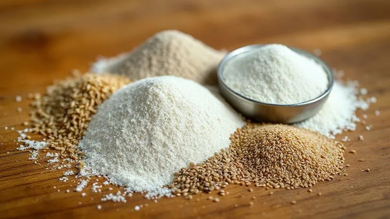 photorealistic, professional photography, 8K, cinematic lighting, sharp focus, depth of field, shot on a high-end DSLR, close-up of various binding agents for gluten-free baking: psyllium husk, chia seeds, xanthan gum, and ground flaxseed, artfully arranged on a wooden table.