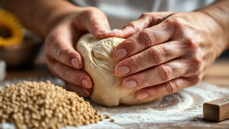 Photorealistic, professional photography, 8K, cinematic lighting, sharp focus, depth of field, shot on a high-end DSLR. A close-up of hands gently kneading a slightly sticky, elastic dough for sunflower bread, showing the perfect hydration level. A bowl of sunflower seeds is blurred in the background.